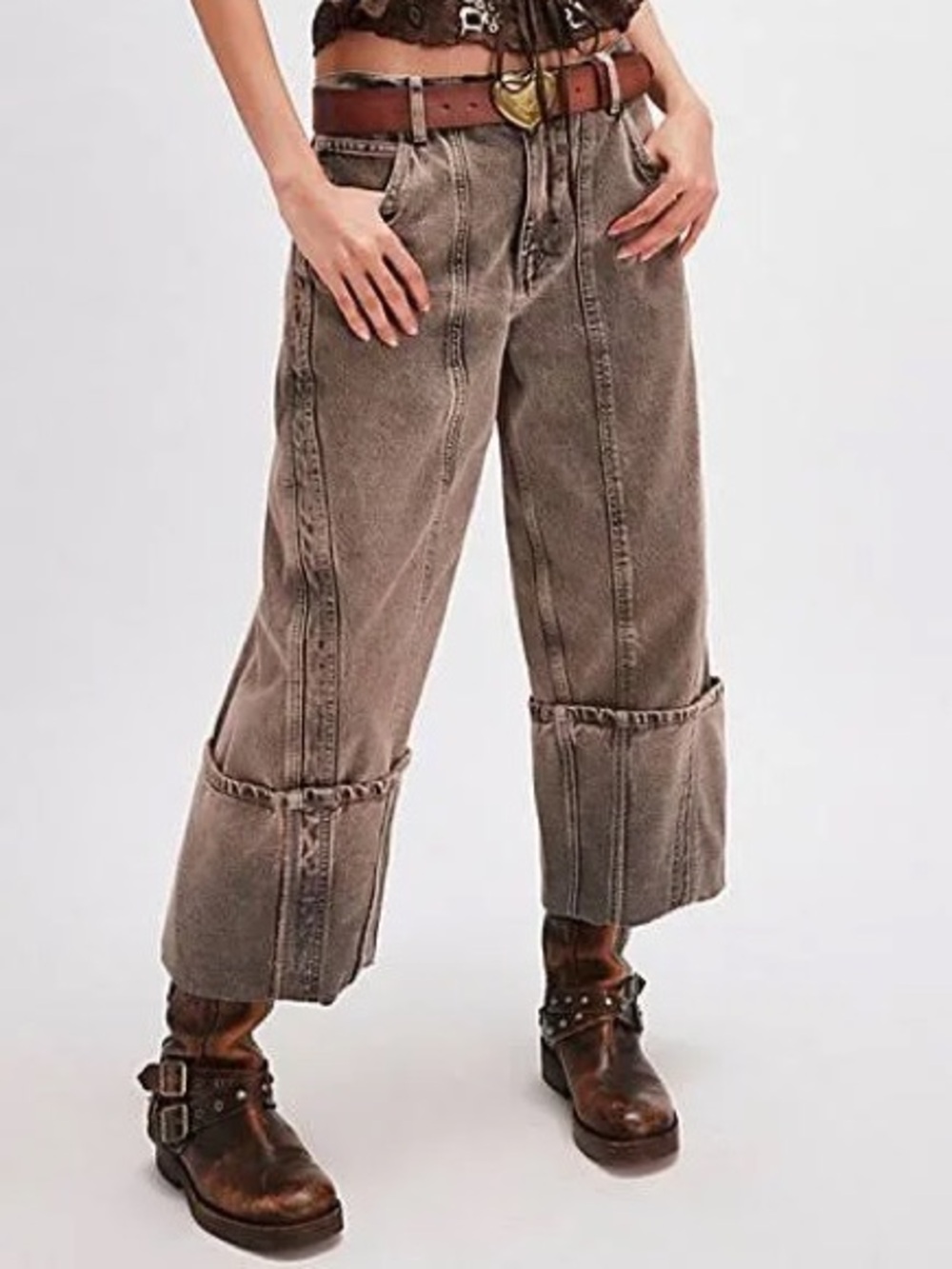 NWT FREE PEOPLE WE THE FREE Olsen Cuffed Crop Barrel Jeans | Slate/Taupe $128